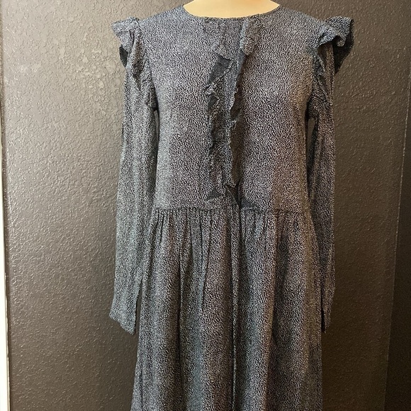 H & M black and white polka dot ruffle front long sleeve midi prairie‎ dress - Picture 1 of 9